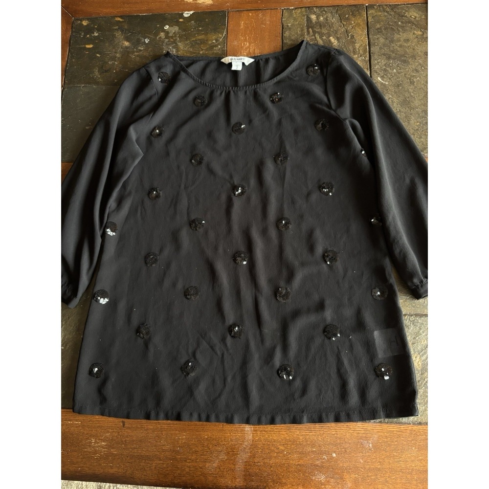 Old Navy Women's Medium 3/4 Sleeve Blouse Black Sheer Sequin Accent Whimsigoth